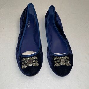 Ralph Lauren blue velvet ballet flats with rhinestone embellishments at toe